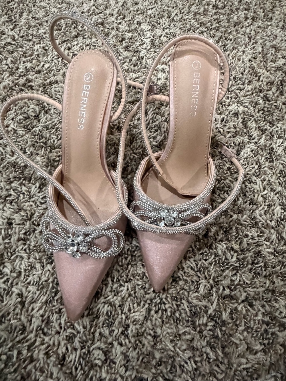 Berness Blush Satin Pointed Slingback Heels with Rhinestone Bow